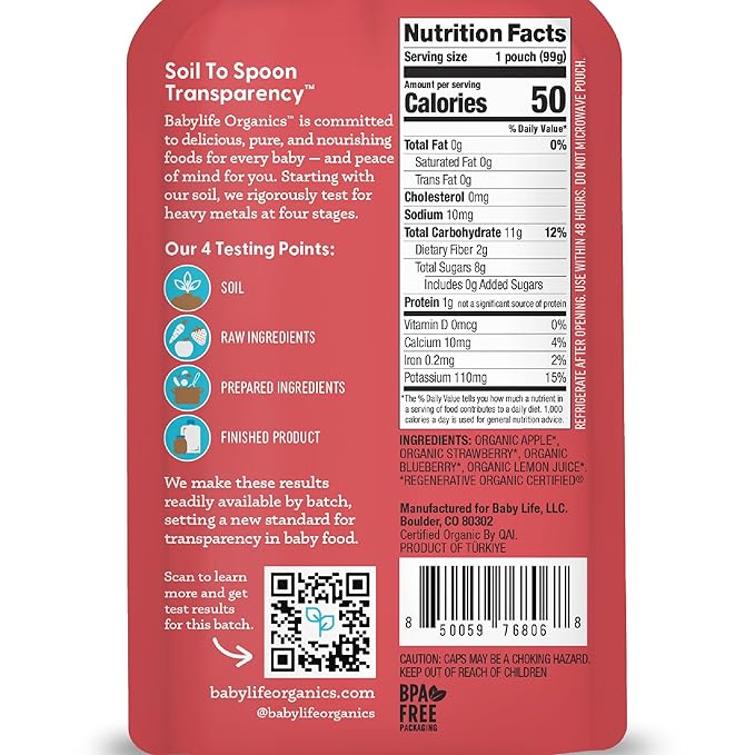 Babylife Organics Stage 2 - Apple, Strawberry & Blueberry, 3.5 Ounce Pouch (6 Pack) - Heavy Metal Safe, Organic Baby Food