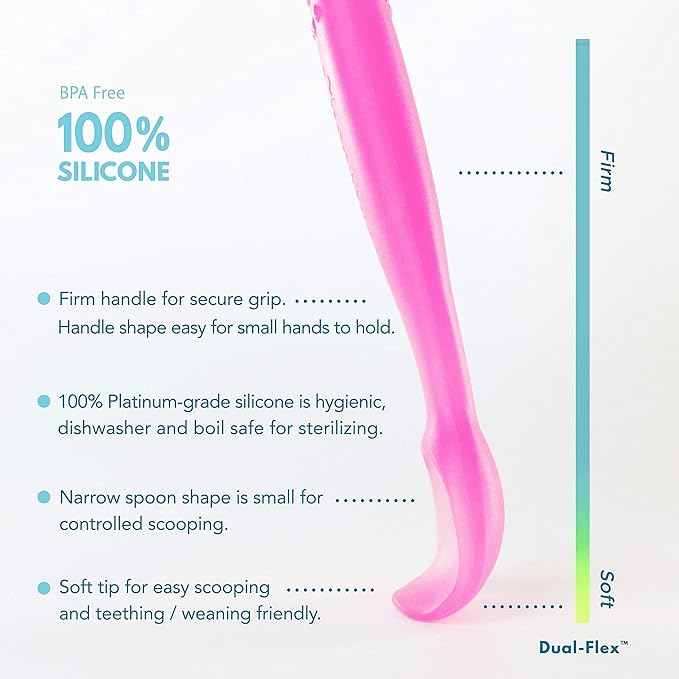 ChooMee Silicone Baby Spoons | 4 Months +, First Stage Baby Led Weaning and Self Feeding | Soft Spoon with Firm Handle | Designed in USA, BPA Free, Premium grade Platinum Silicone | 2 CT