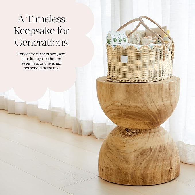 BEBE BASK Premium Baby Diaper Caddy Organizer - Handmade & Award-Winning Scalloped Rattan Basket - Luxury Diaper Caddy Basket - Elegant Scalloped Edge (Natural)