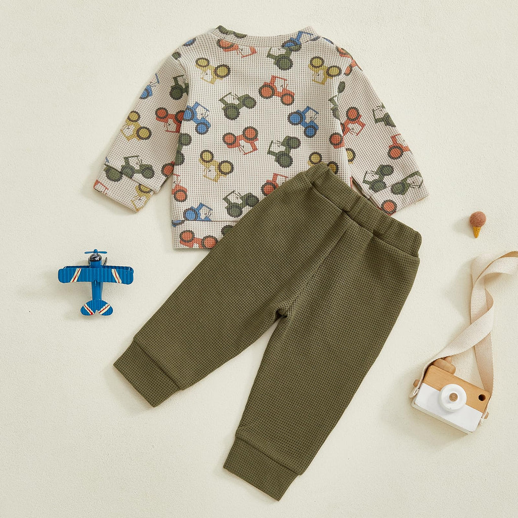 Fufuriprefer Toddler Baby Boy Fall Clothes Waffle outfit Long Sleeve Top Jogger Pant Set (Army Green, 2-3T)