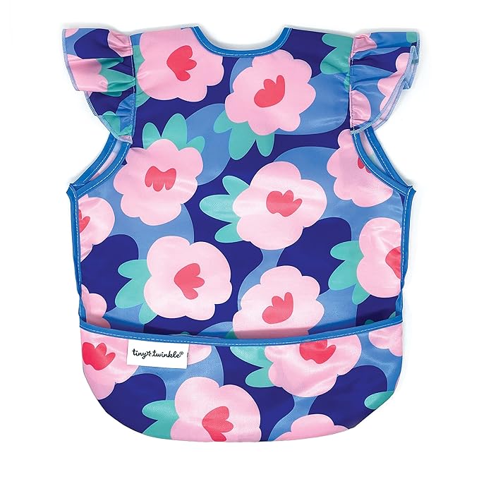 Tiny Twinkle Short Sleeve Apron Baby & Toddler Bib for Girls – Waterproof, Mess-Proof Bibs for Eating & Feeding, Machine Washable,Perfect Holiday Gift (Floral Blue, 6–24M)