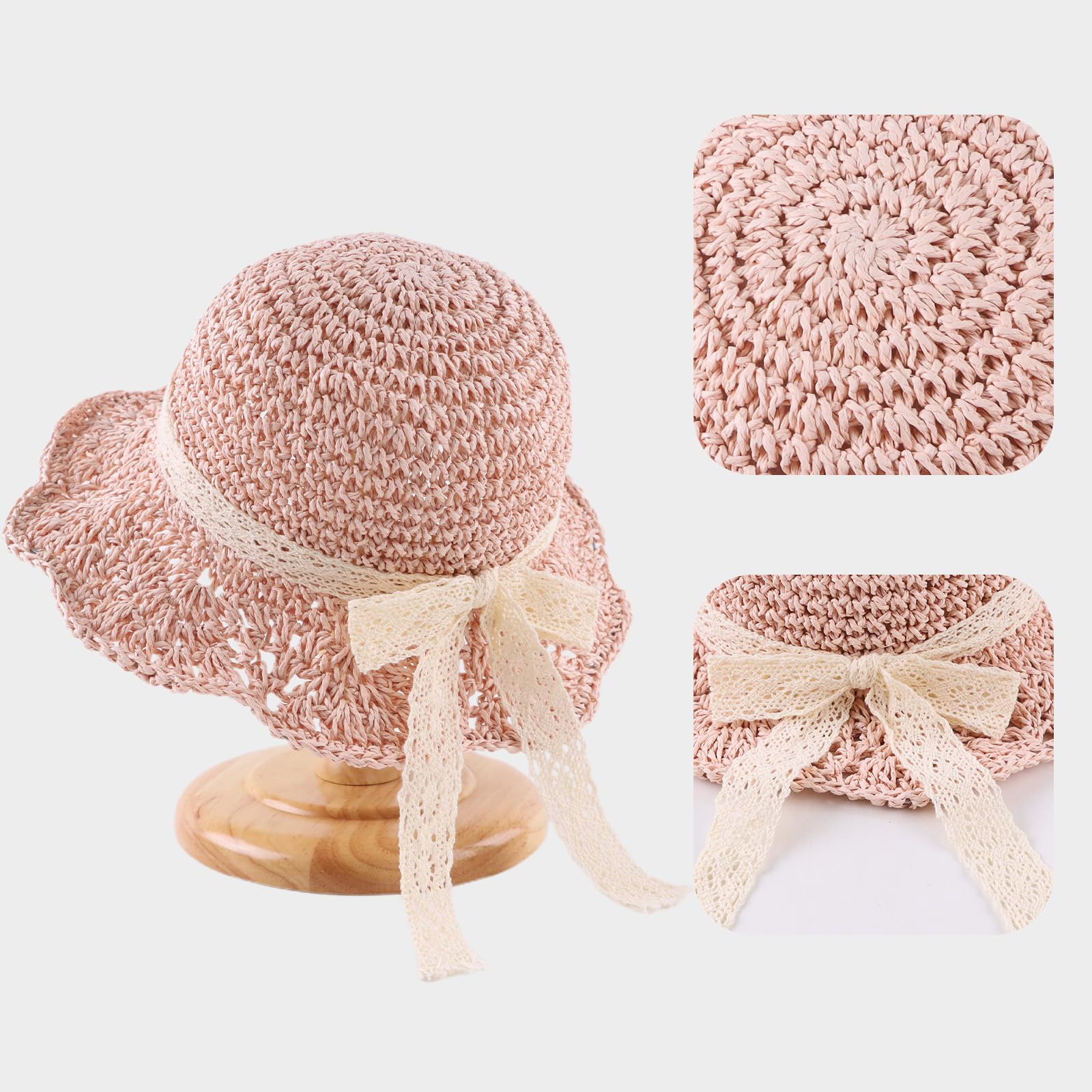 JANGANNSA Baby Girl Straw Hat Outdoor Baby Sun Protection Hats Summer Bowknot Beach Cap for Infant Toddler Girls(Lace Bow-Pink,2-5 Years)