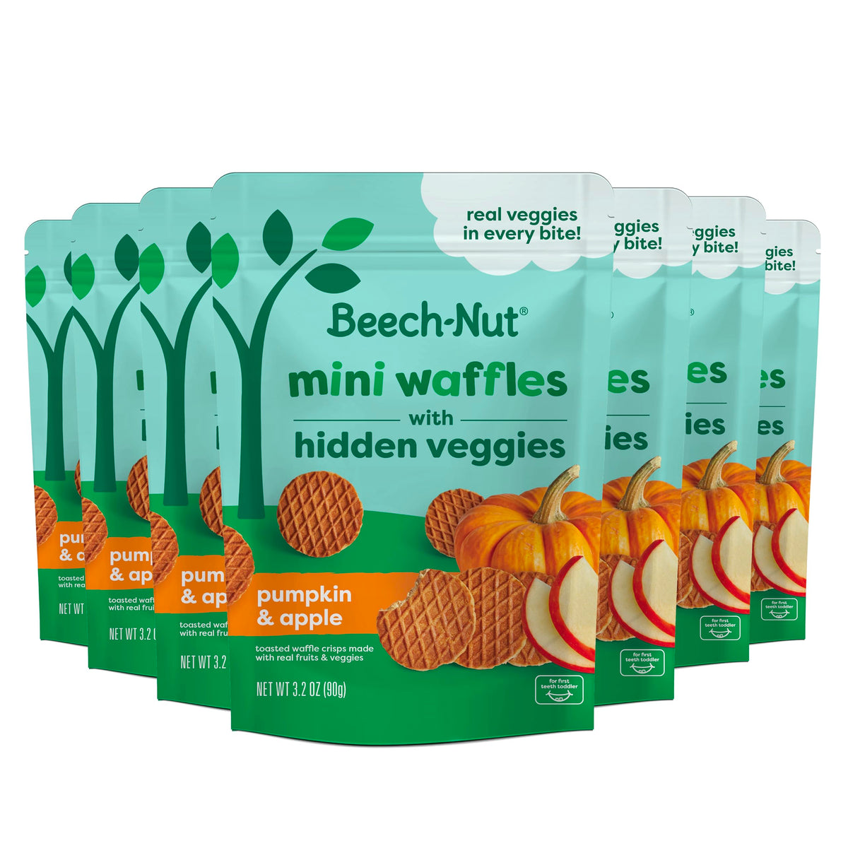 Beech-Nut Toddler Snacks, Mini Waffles with Hidden Veggies, Butternut Berry, Non-GMO, 3.2 oz Bag (7 Pack)