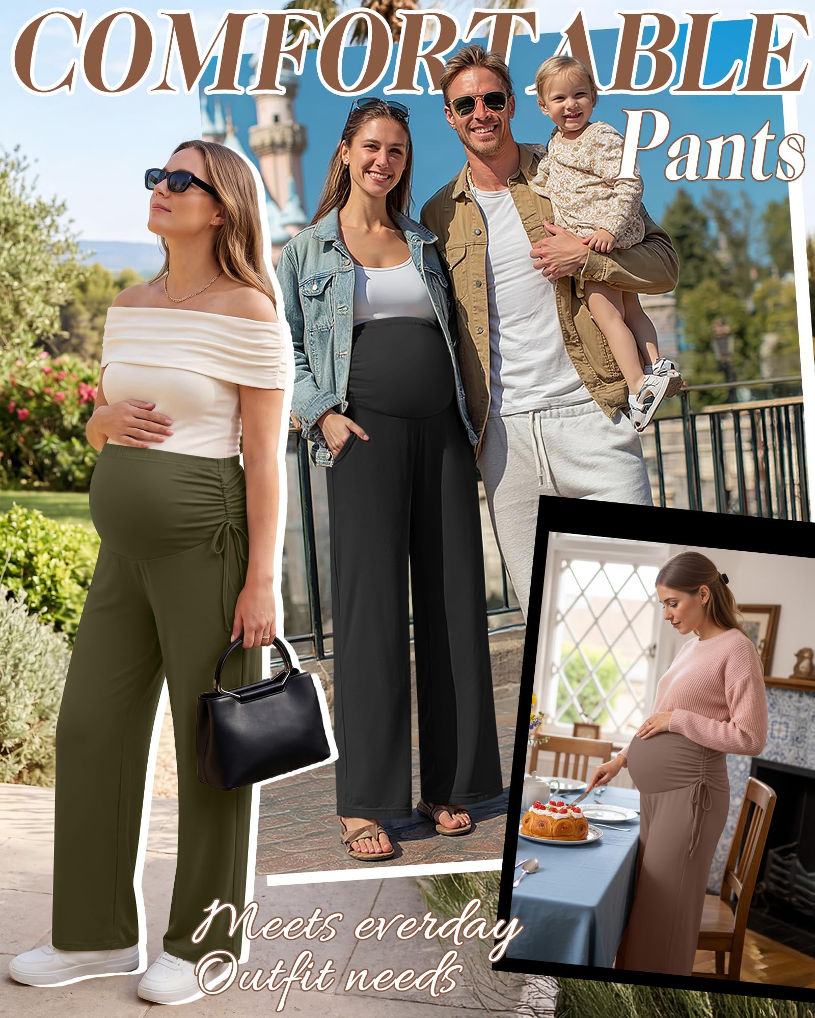Neer 3 Pack Women's Maternity Lounge Pants,Coffee, Olive Green, Black,Large