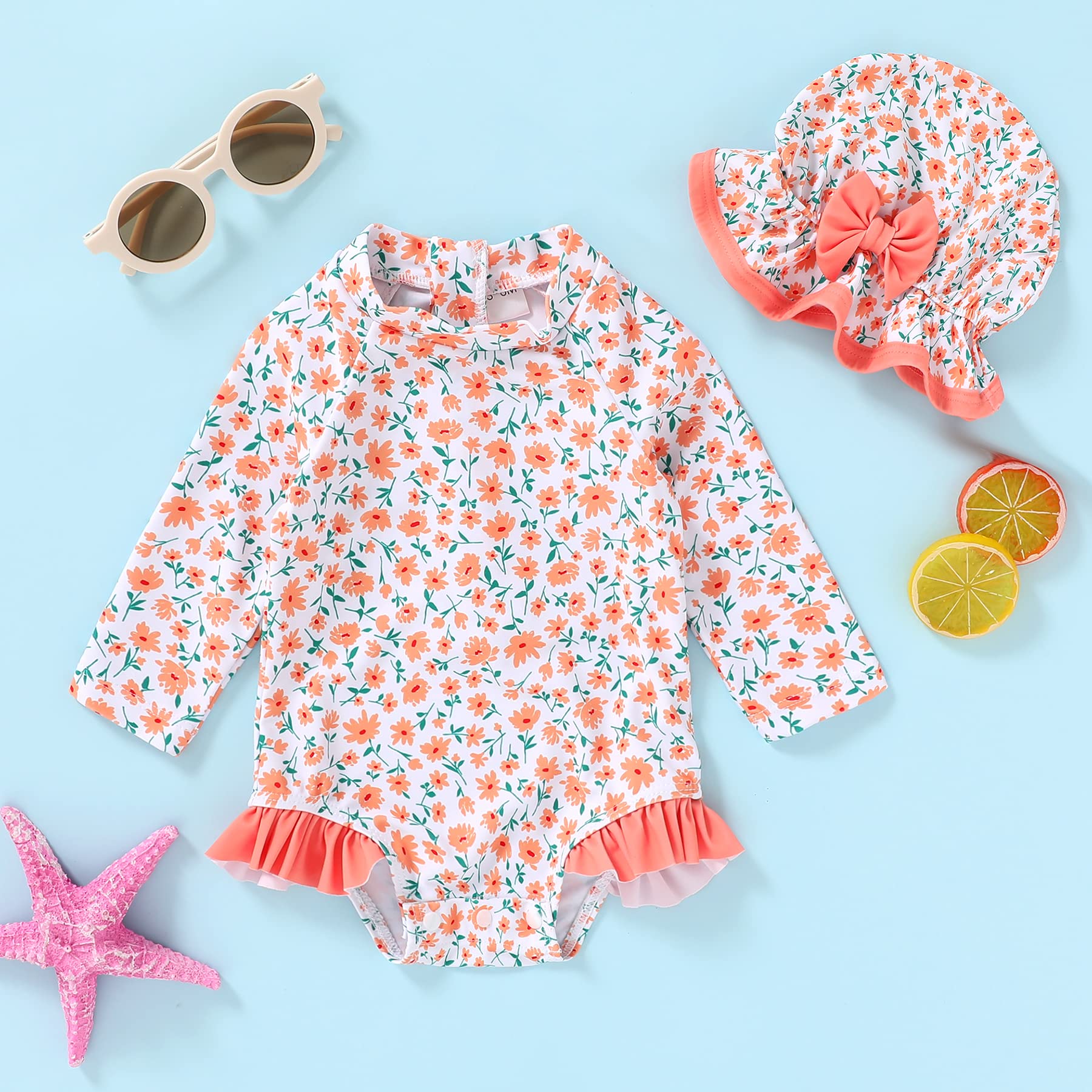 Infant Baby Girl Swimsuit One-Piece Long Sleeve Rash Guard with Hat Set Floral Zipper Bathing Suit Leopard Beach Wear(Orange, 12-18M)
