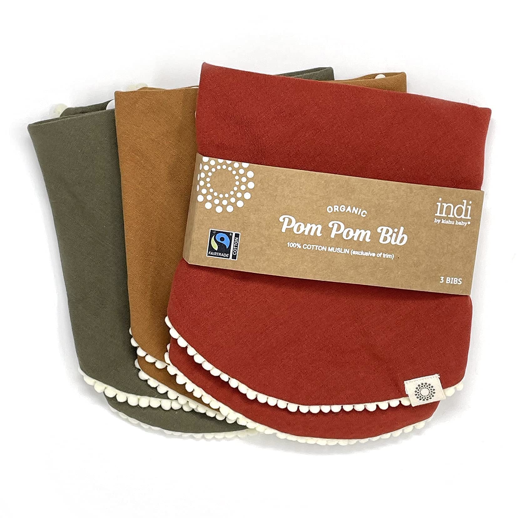 Kishu Baby Indi Fairtrade Certified Organic Infinity Scarf Bib Set - 4-Way Reversible, 8 Layer Muslin Drool Bibs (Rust, Caramel, Dark Olive)