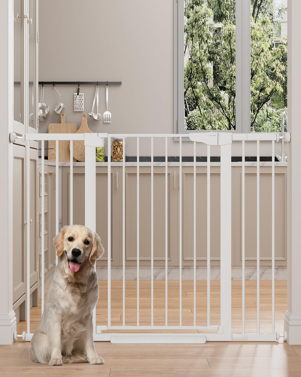 Cumbor 36" Extra Tall 29.7-51.5" Baby Gate for Stairs, Easy Walk Through Dog Gates for Doorways Extra Wide, Pressure Mounted Tall Pet Gate Indoor, Safety Auto-Close Child Gate for Kids, White