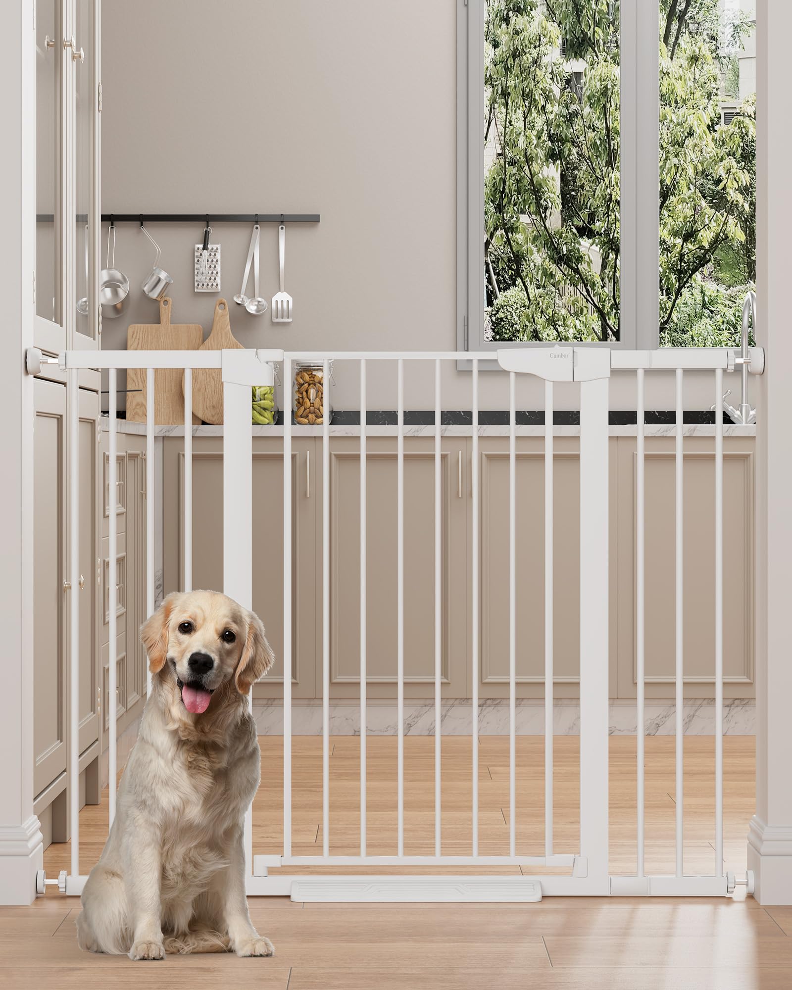 Cumbor 36" Extra Tall 29.7-51.5" Baby Gate for Stairs, Easy Walk Through Dog Gates for Doorways Extra Wide, Pressure Mounted Tall Pet Gate Indoor, Safety Auto-Close Child Gate for Kids, White
