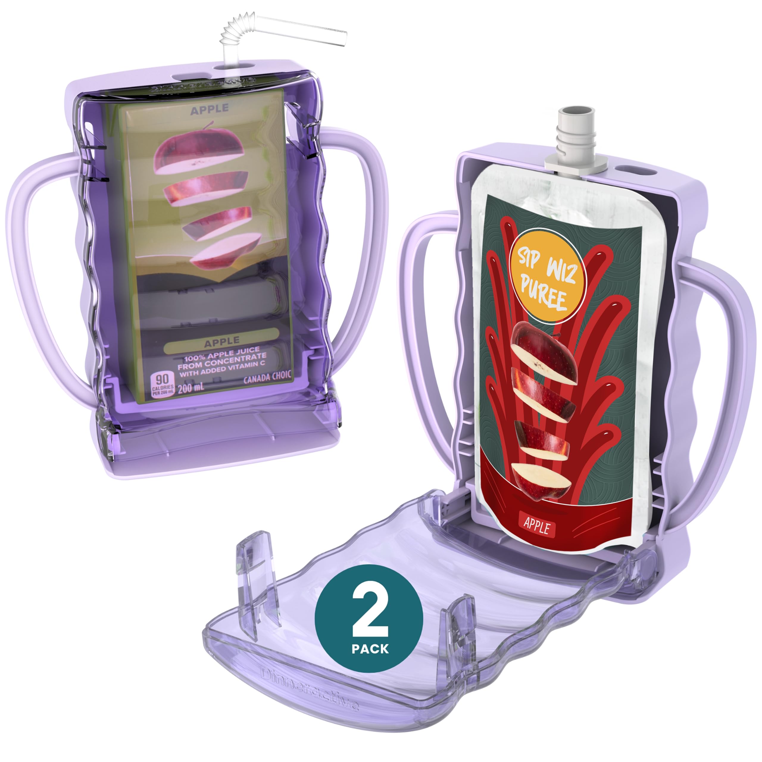 Dinneractive Sip Wiz - Baby Pouch Holder & Juice Box Holder - Anti-Squeeze Yogurt Pouch Reusable Toddler Essentials 2 Pack