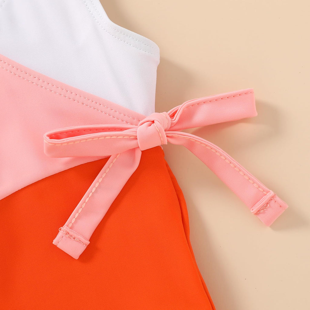 Happy Town Toddler Swimsuit Girl One Piece Bathing Suit Color Block Swimwear Baby Summer Beach Wear(12-18 Months,White Pink Orange)