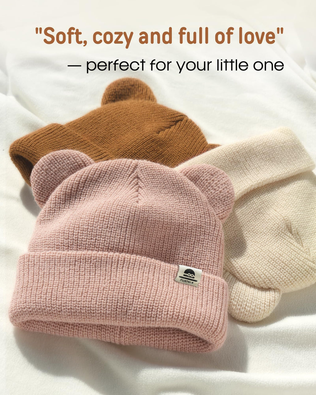 FURTALK Baby Beanie Winter Hat with Bear Ear for Infant Toddler Boys Girls Soft Knitted Skull Cap Beige+Pink+Caramel 0-6 Months