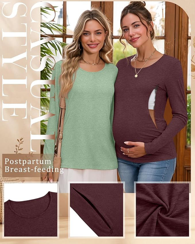 4 Pack Women's Cotton Nursing Tops, Breastfeeding Maternity with Hidden Zippers Crew Neck Long Sleeve Pregnancy Shirts