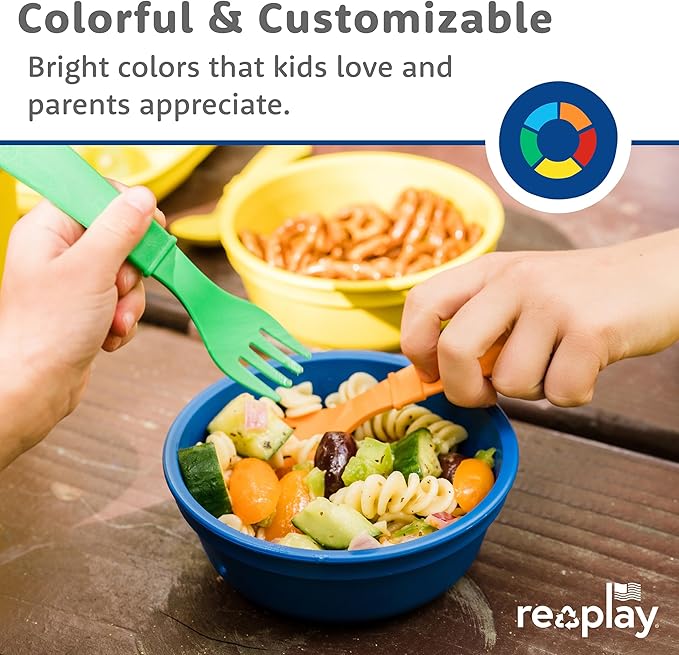 Re-Play Toddler Forks and Spoons Set - 4x4 Utensils Set for Kids - Dishwasher and Microwave Safe - Made in USA - Pack of 8-5.8" x 1.2" x 0.2" - Modern Blue