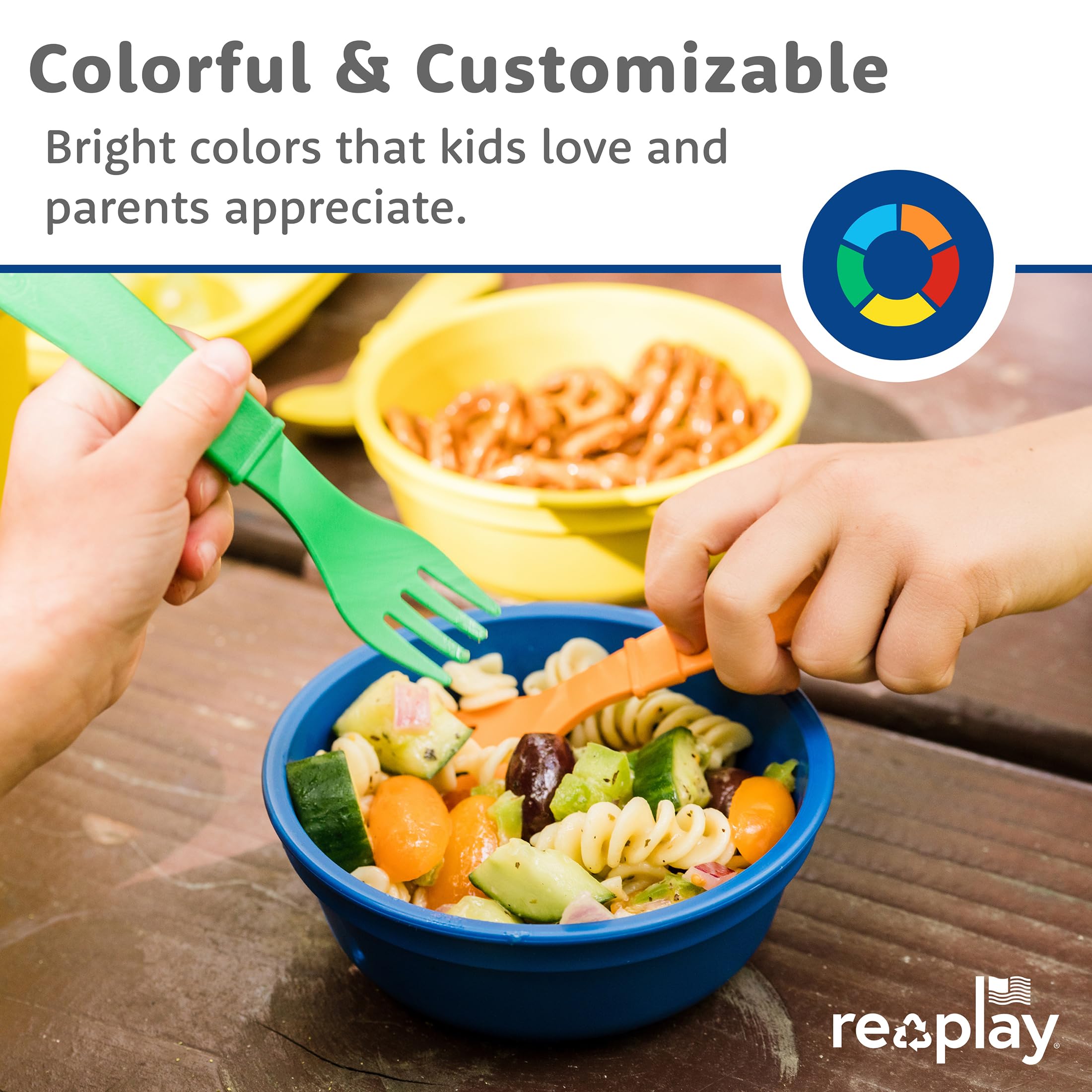 Re-Play Toddler Dinnerware Set - 3 Divided Plates, 3 Snack Bowls & 3 Fork and Spoon Sets - BPA-Free Kids Tableware - Dishwasher Safe - Made in USA from Recycled Materials, True Blue