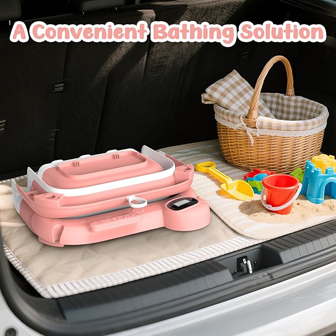 Collapsible Baby Bathtub for Newborn to Toddler (0-24 Months), Portable Baby Bath Tub for Travel, Newborn Bathtub with Soft and Supportive Cushion (Astronaut-Pink)