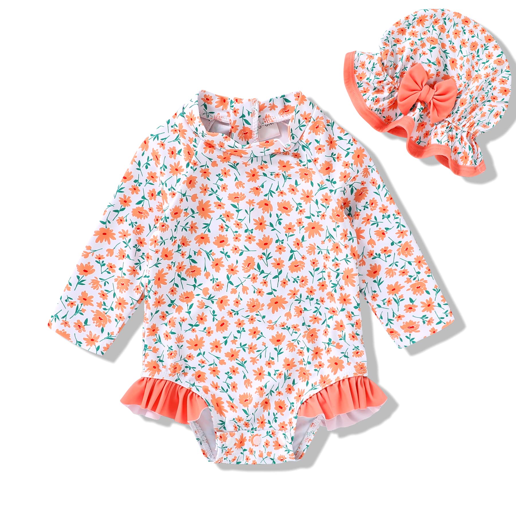 YOUNGER TREE Infant Baby Girl Swimsuit One-Piece Long Sleeve Rash Guard with Hat Set Floral Zipper Bathing Suit Leopard Beach Wear(Orange, 6-12M)