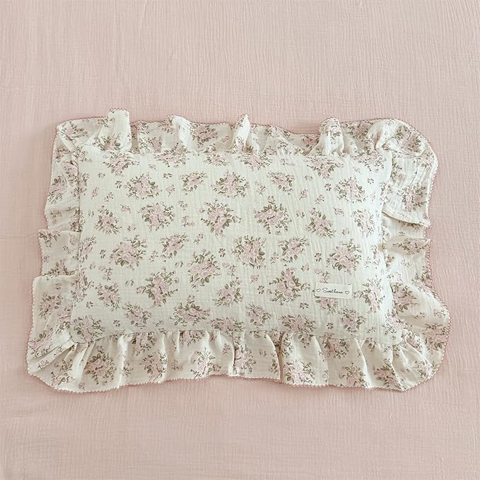 AOJIM Pink Floral Kids Toddler Pillowcase 1 Piece Super Soft Muslin Cotton Bedding Pillowcase with Ruffle Edges, Durable Nursery Pillowcase Aesthetic Print Kids Pillow Cover for Room Decor, 14x20 Inch
