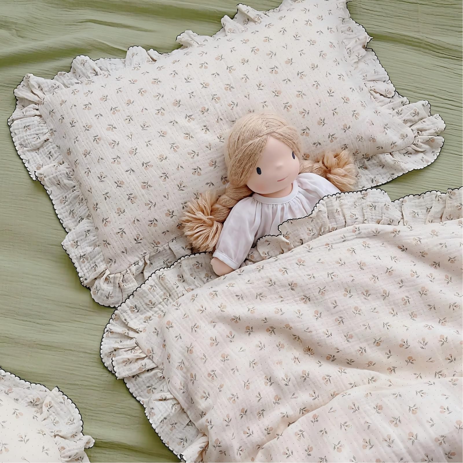 BuLuTu Cotton Muslin Kids Toddler Pillowcase Sprout Pattern, Shabby Chic Nursery Pillow Cover with Ruffle Edge, Soft Durable Travel Pillow Case for Boys Girls Bedding Decor, 14"x20",Machine Wash