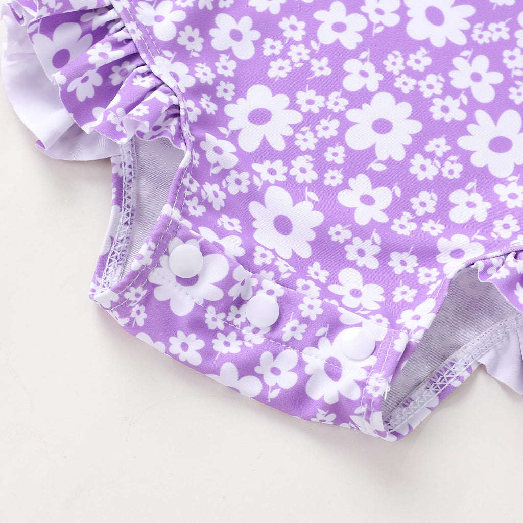 Infant Baby Girl Swimsuit One-Piece Long Sleeve Rash Guard with Hat Set Floral Zipper Bathing Suit Leopard Beach Wear(Purple#Flower,12-18 Months)