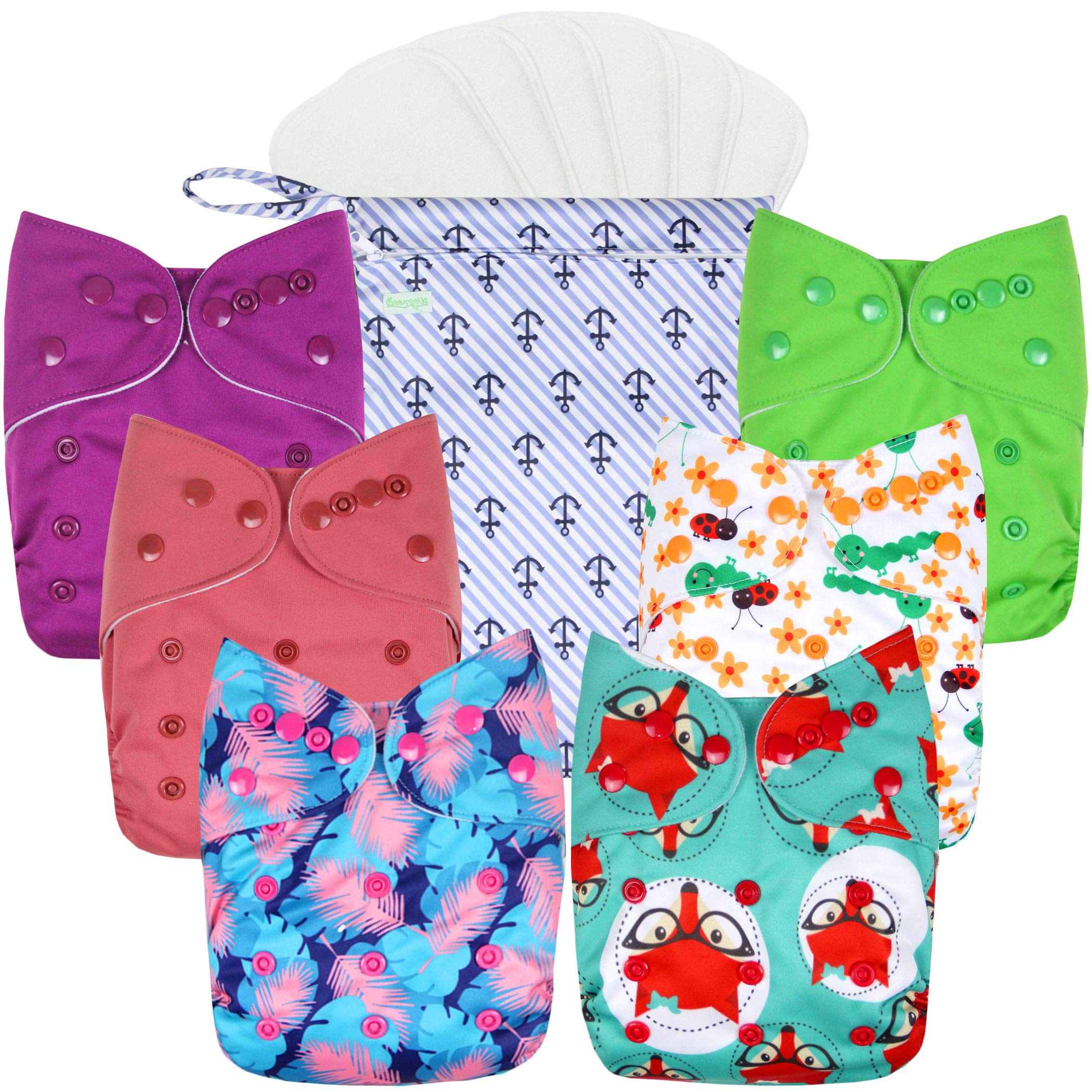 wegreeco Cloth Diapers 6 Pack with 6 Inserts & 1 Wet Bag, Washable Cloth Diapers for Babies, One Size Adjustable Reusable (Girl Prints + 1 Wet Bag)