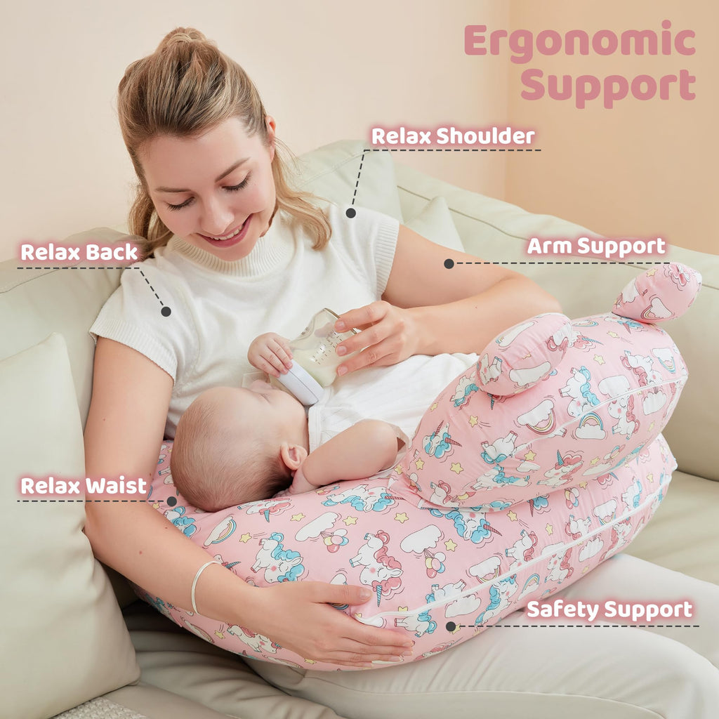 lasoftan Nursing Pillow for Breastfeeding, Breast Feeding Pillow for Mom Support, Adjustable Waist Strap and Removable Cotton Cover, Unicorn