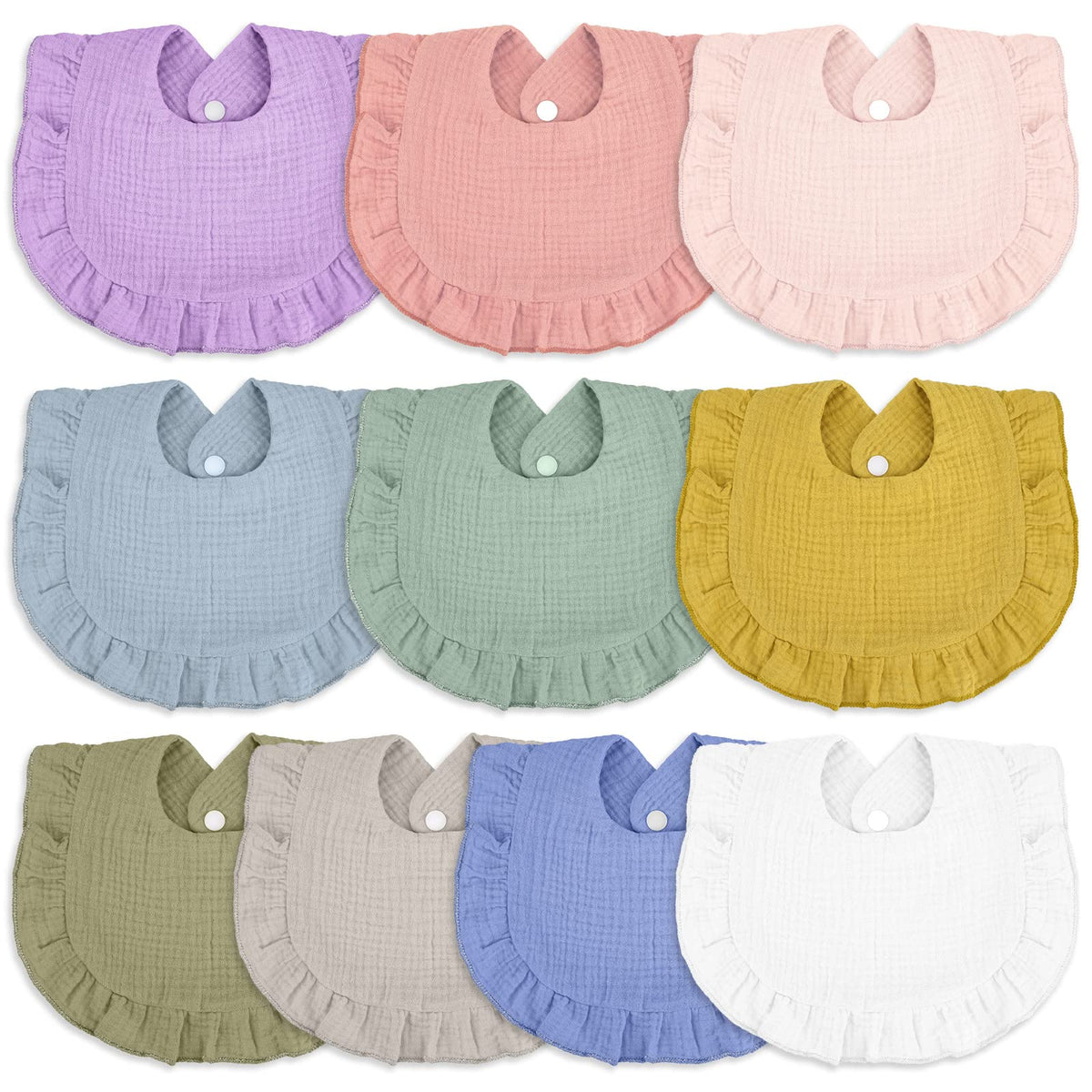 Seematn 10 Pcs Baby Muslin Bibs for Unisex Girls & Boys Drool Bibs Bandana Ruffle Soft Cotton for Newborn Infants Toddlers(Light Colors)