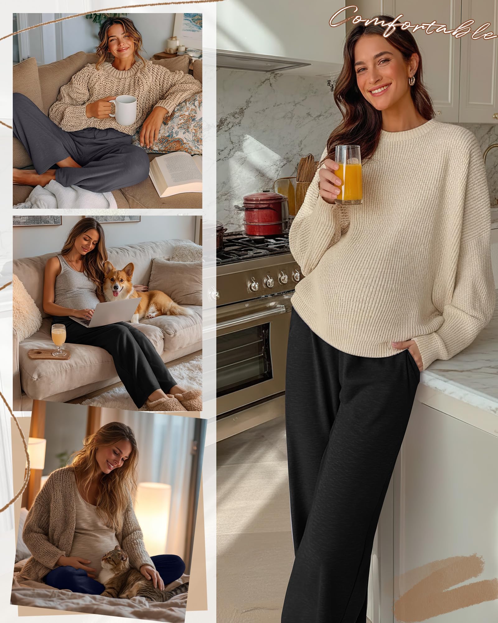 Sweetyweee 3 Pack Maternity Wide Leg Lounge Pants, 3-Color, X-Large