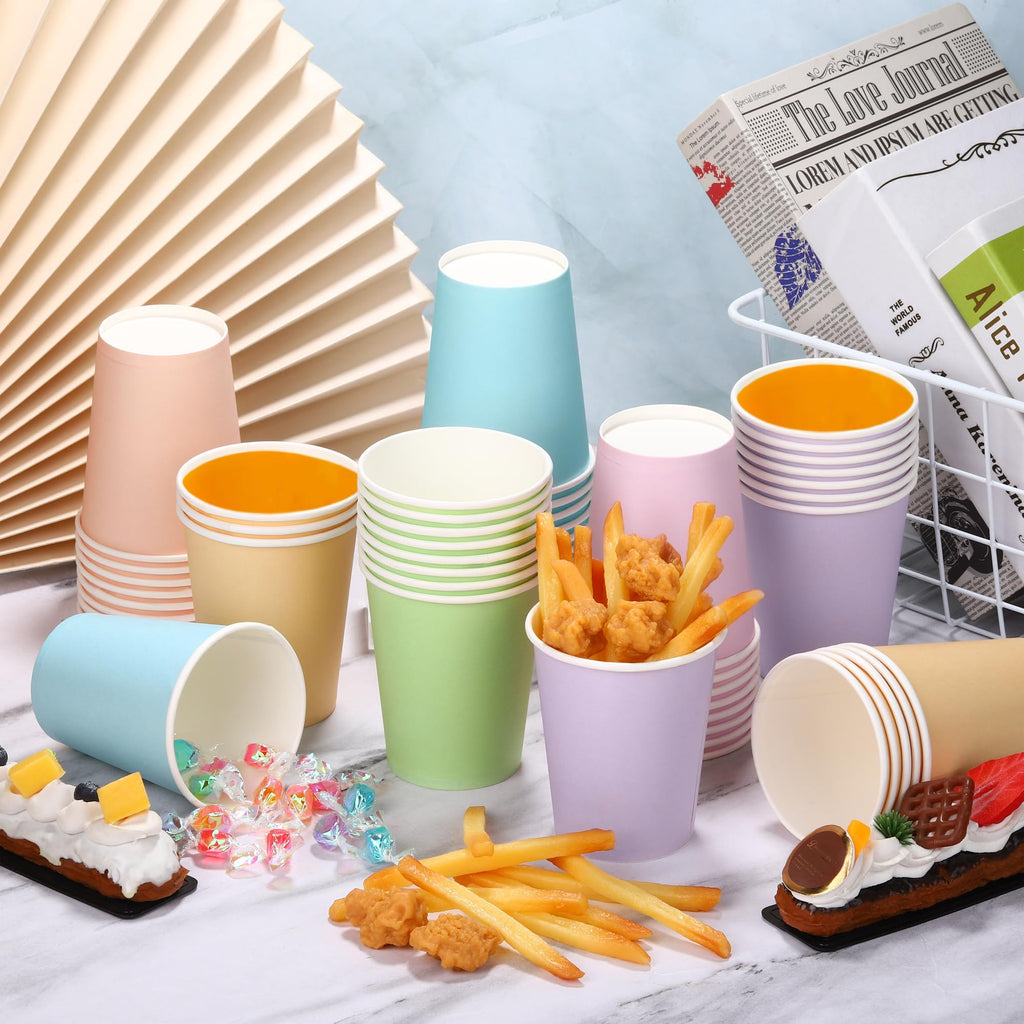 URATOT 120 Pieces 9 Ounce Disposable Paper Cups Pastel Rainbow Party Cups Drinking Cups for Party, DIY and Holiday, 6 Colors
