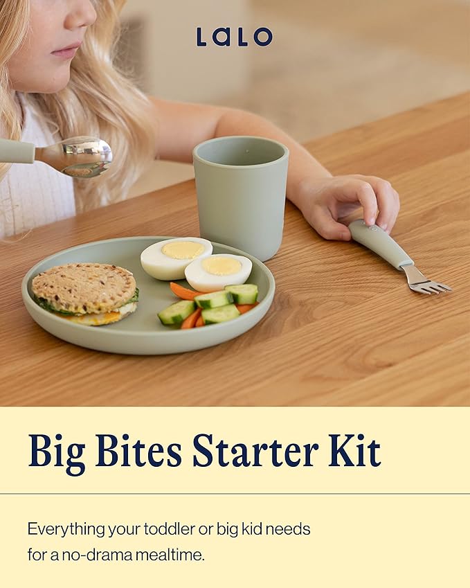 Lalo Big Bites Kids Dinnerware Starter Set - Dishwasher Safe, BPA Free, Kids Tableware Set - Includes Stackable Bowl, Plate, Utensils & Cup - 5 Pieces - Blueberry