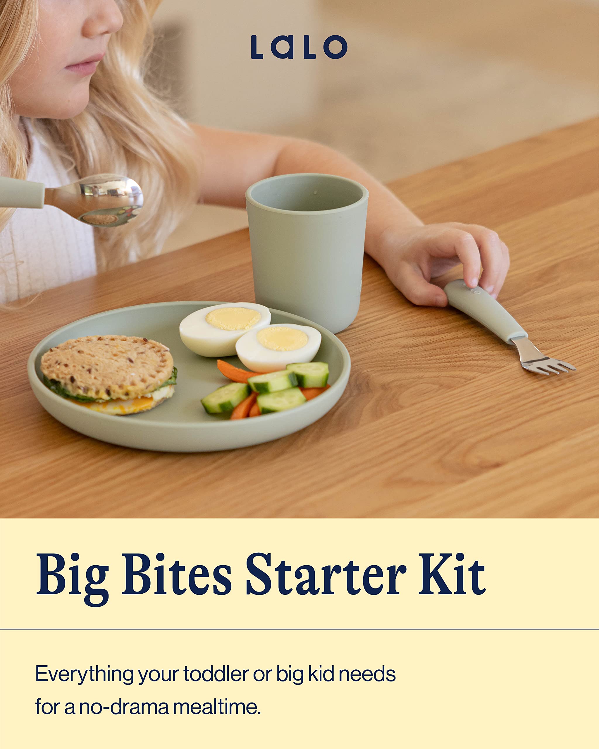 Lalo Big Bites Kids Dinnerware Starter Set - Dishwasher Safe, BPA Free, Kids Tableware Set - Includes Stackable Bowl, Plate, Utensils & Cup - 5 Pieces - Lavender
