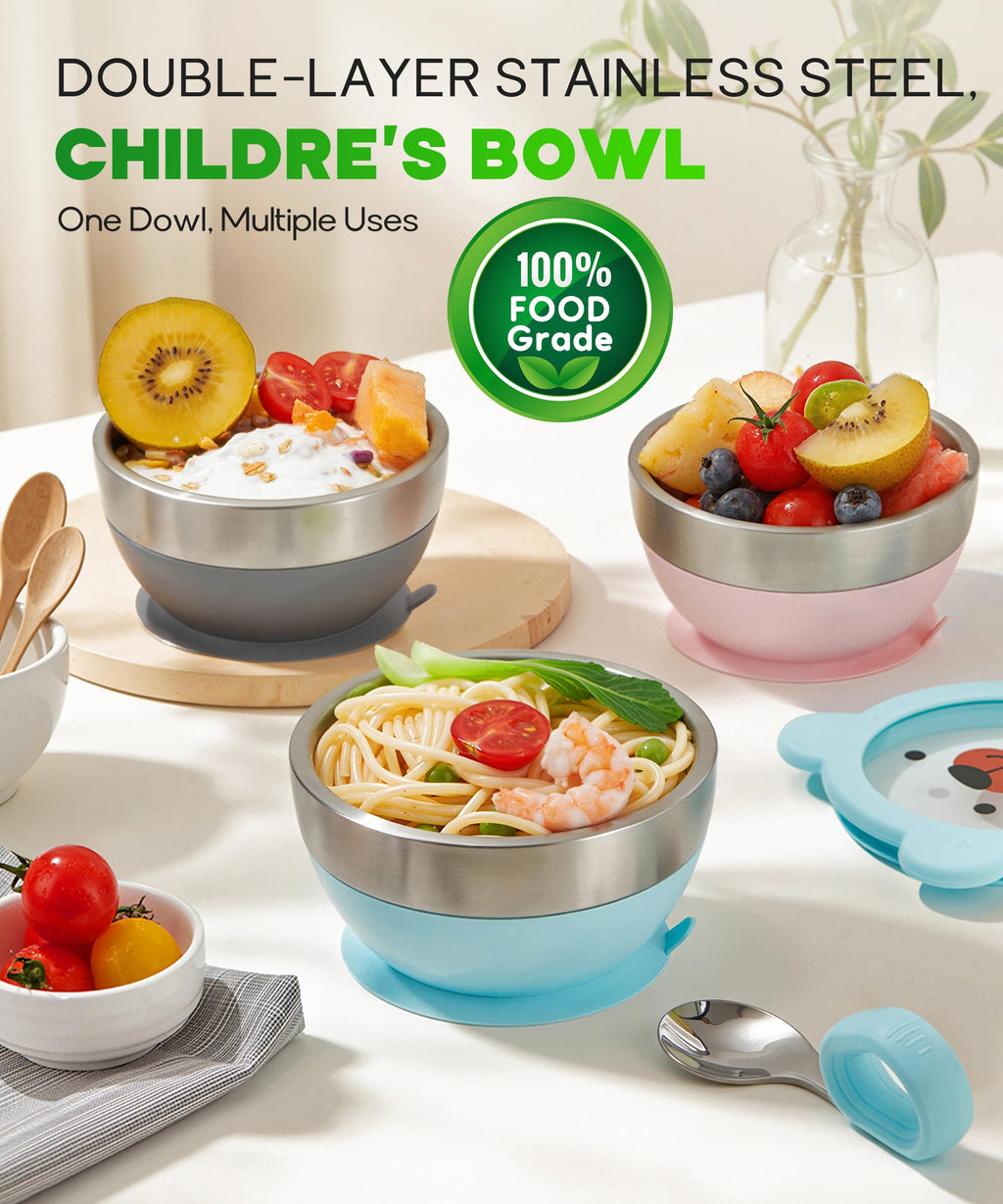 Mrs. Chou Suction Bowl and Spoon Set for Babies and Toddlers Non-Slip Silicone Suction Cups, Advanced 304 Stainless Steel Bowls, Double-Layer Insulation, and BPA-Free Lids Food-Grade Safety