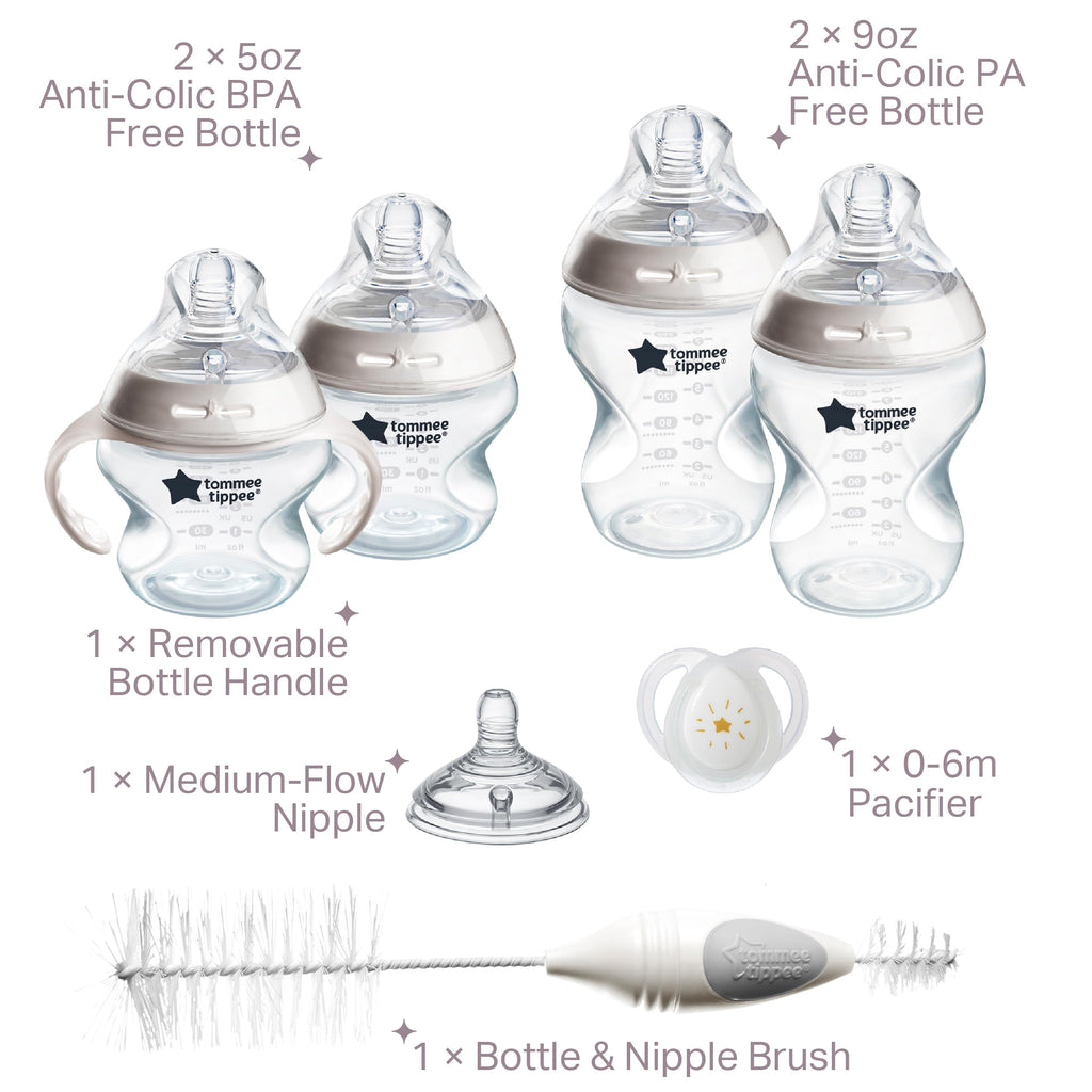 Tommee Tippee Natural Start Baby's First Bottle and Pacifier 8 Piece Set, 2 x 5oz and 2 x 9oz Anti-Colic BPA Free Bottles, 1x Medium Flow Nipple, 1x 0-6 Month Pacifier, Clear