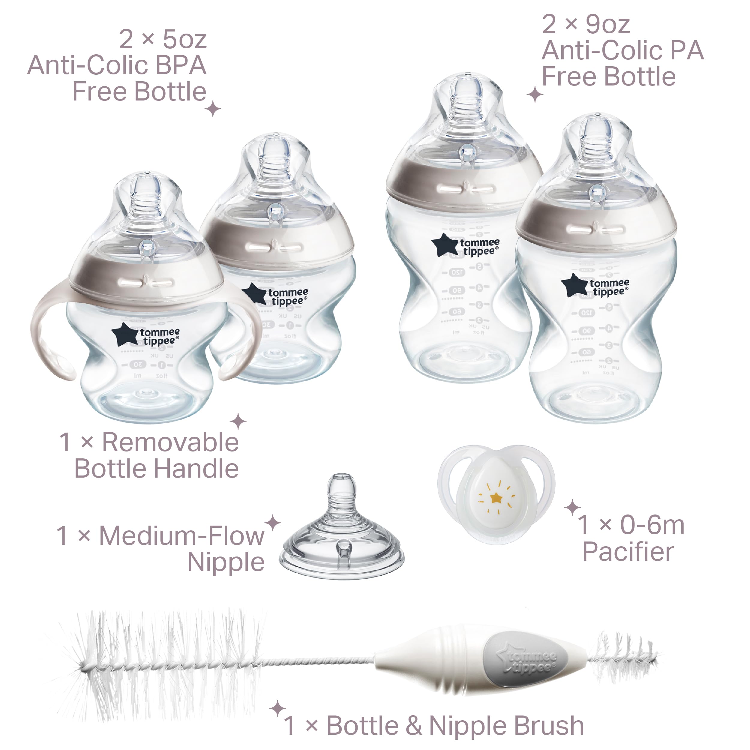 Tommee Tippee Natural Start Baby's First Bottle and Pacifier 8 Piece Set, 2 x 5oz and 2 x 9oz Anti-Colic BPA Free Bottles, 1x Medium Flow Nipple, 1x 0-6 Month Pacifier, Clear