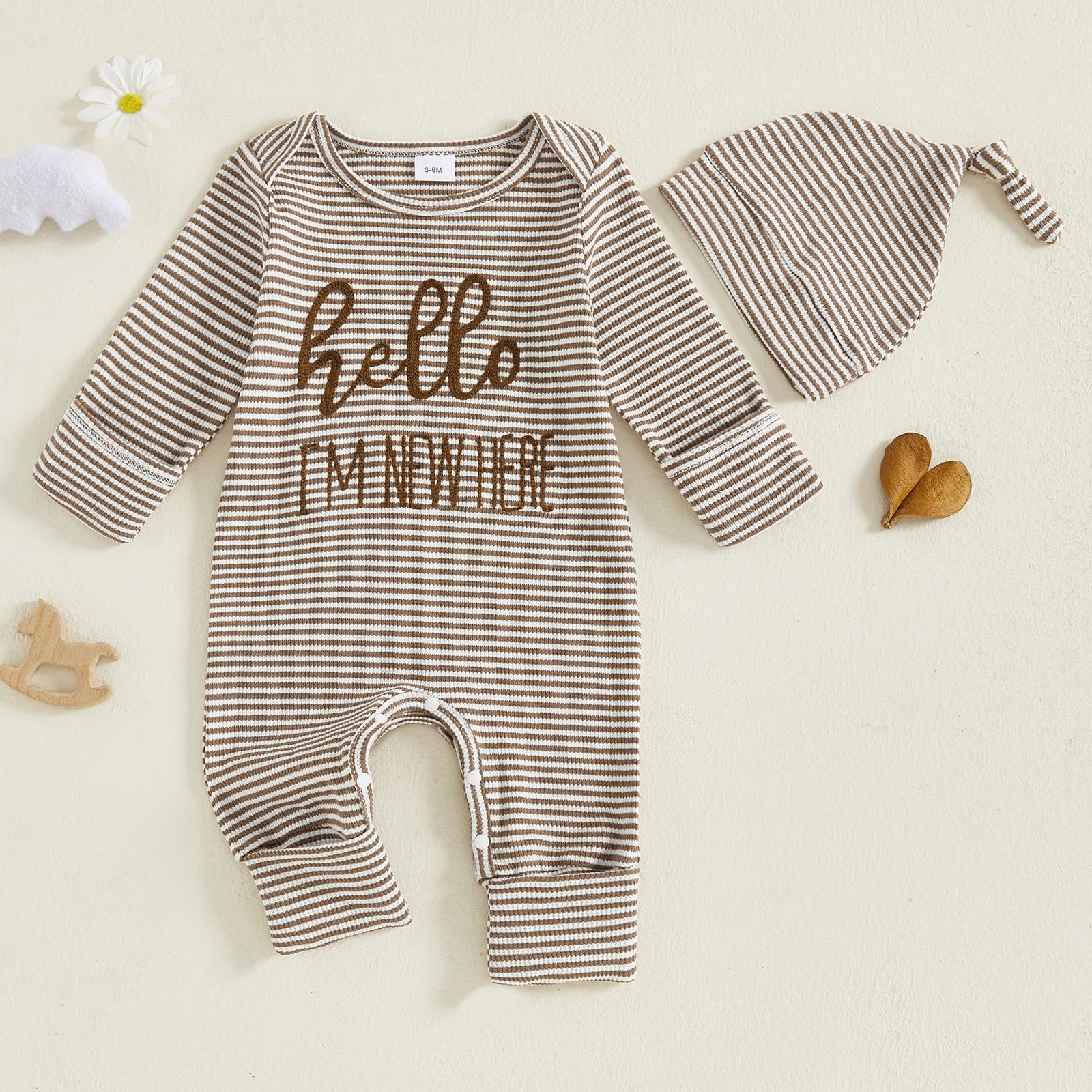 Fernvia Newborn Baby Boy Clothes Letters Print Bodysuit 3 6 9 12 18 Months Long Sleeve Jumpsuit with Hat 2PCS Outfits Set (D Khaki, Newborn)