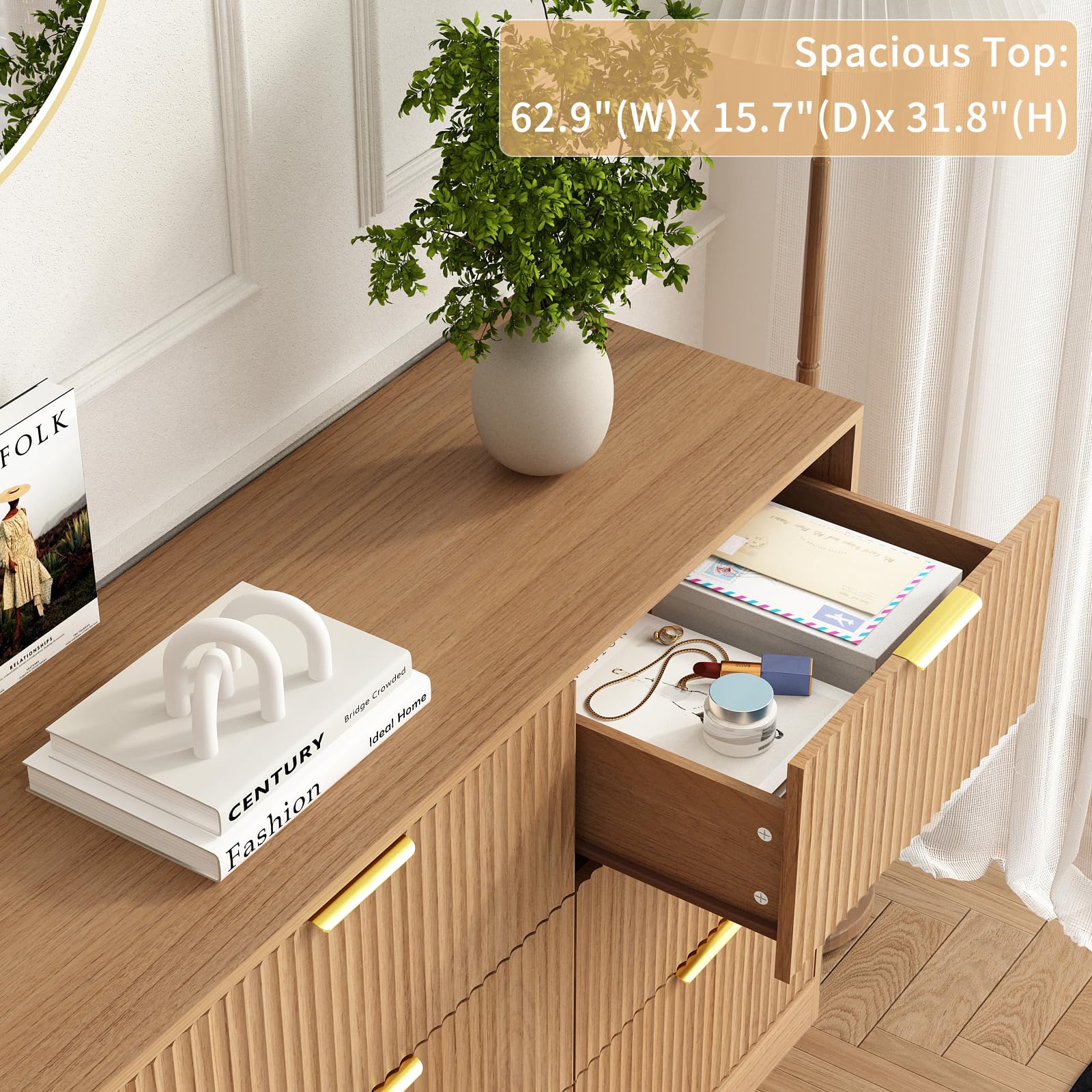 Sscaktu 9 Drawer Fluted Dresser for Bedroom with Deep Drawers, Light Walnut丨63 Wide Wood Dresser, Large Chest of Drawers, Modern Long TV Stand, Storage Cabinet Side Table for Living Room, Hallway