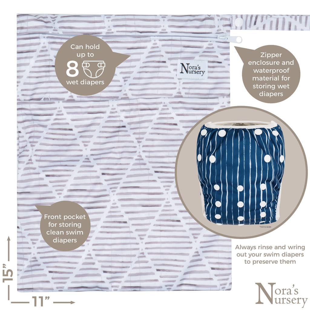 Nora's Nursery Reusable Swim Diapers and Wet Bag - One Size Fully Adjustable - Seaside Unisex 3 Pack with Wet Bag
