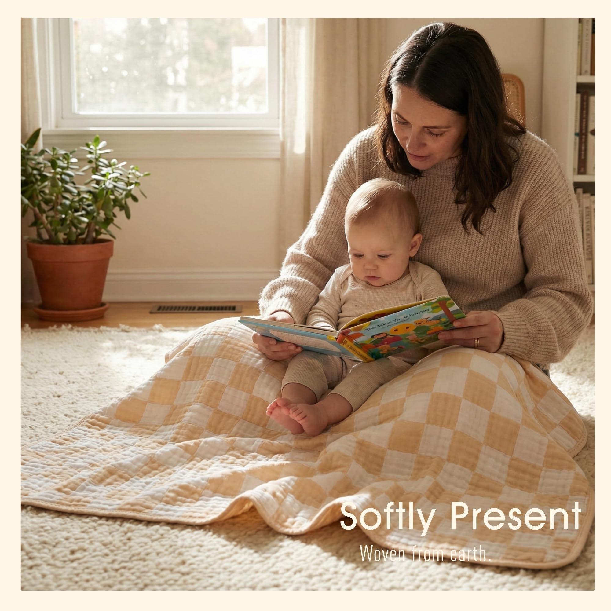 HardNok Ultra Soft Muslin Baby Blanket, Organic Cotton Blend (Beige Check)