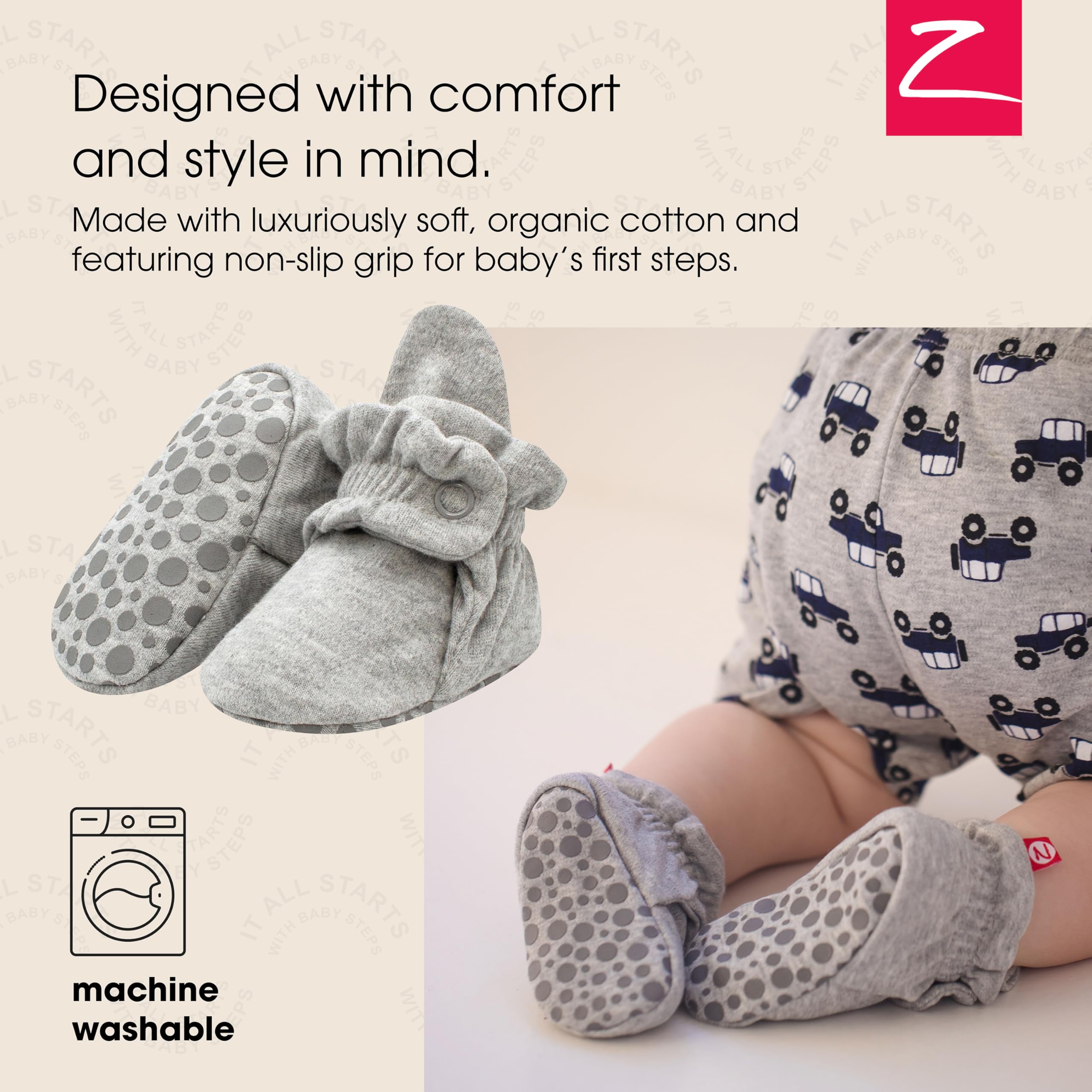 Zutano Unisex Organic Cotton Baby Booties With Gripper Soles, Gray Heather, 24M