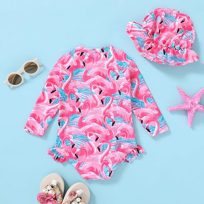 Infant Baby Girl Swimsuit One-Piece Long Sleeve Rash Guard with Hat Set Floral Zipper Bathing Suit Leopard Beach Wear