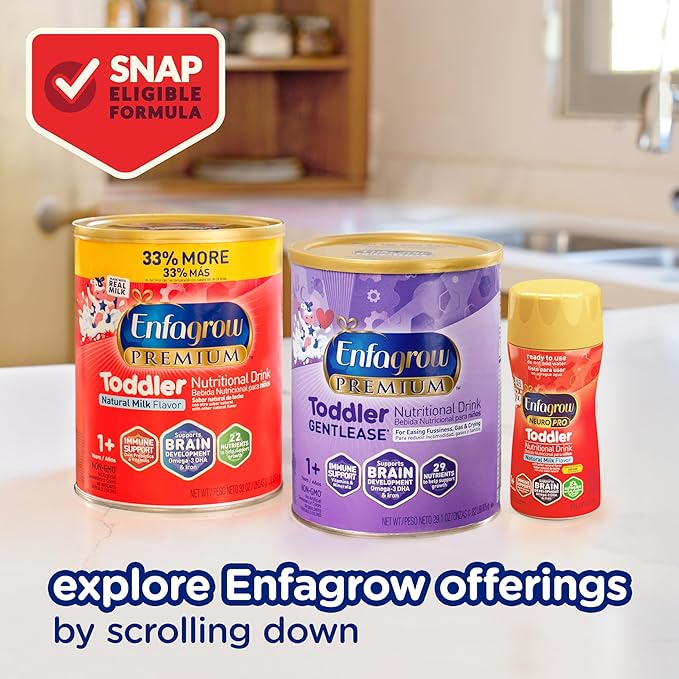 Enfagrow Premium Toddler Nutritional Drink, Made with Real Milk, Brain-Building Omega-3 DHA, Nutrients and Prebiotics for Growth & Immune Support, Non-GMO, Toddler Milk Powder, 32 Oz Can