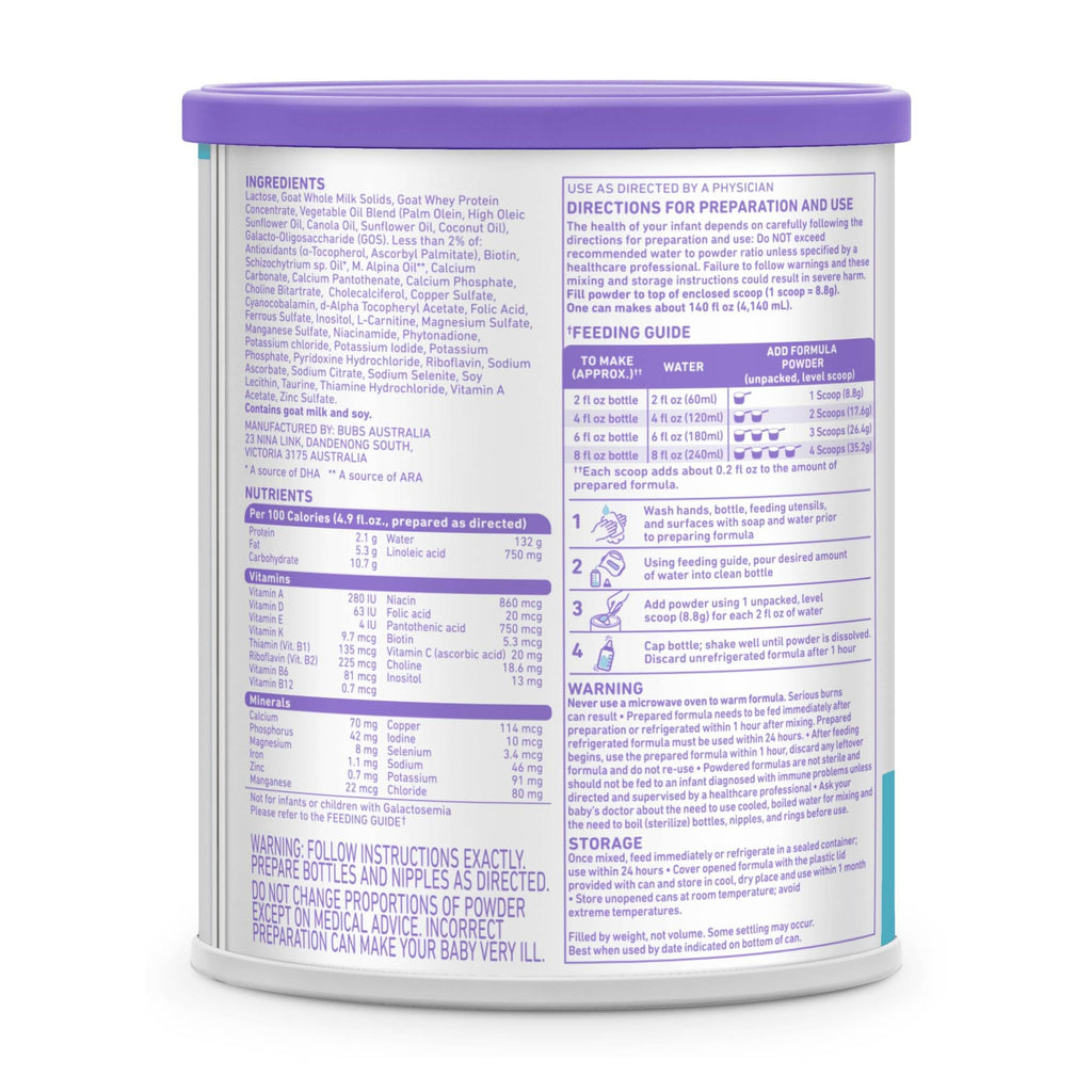 Bubs Whole Goat Milk Infant Formula for 0-12 Months, Non-GMO Milk, 20 oz