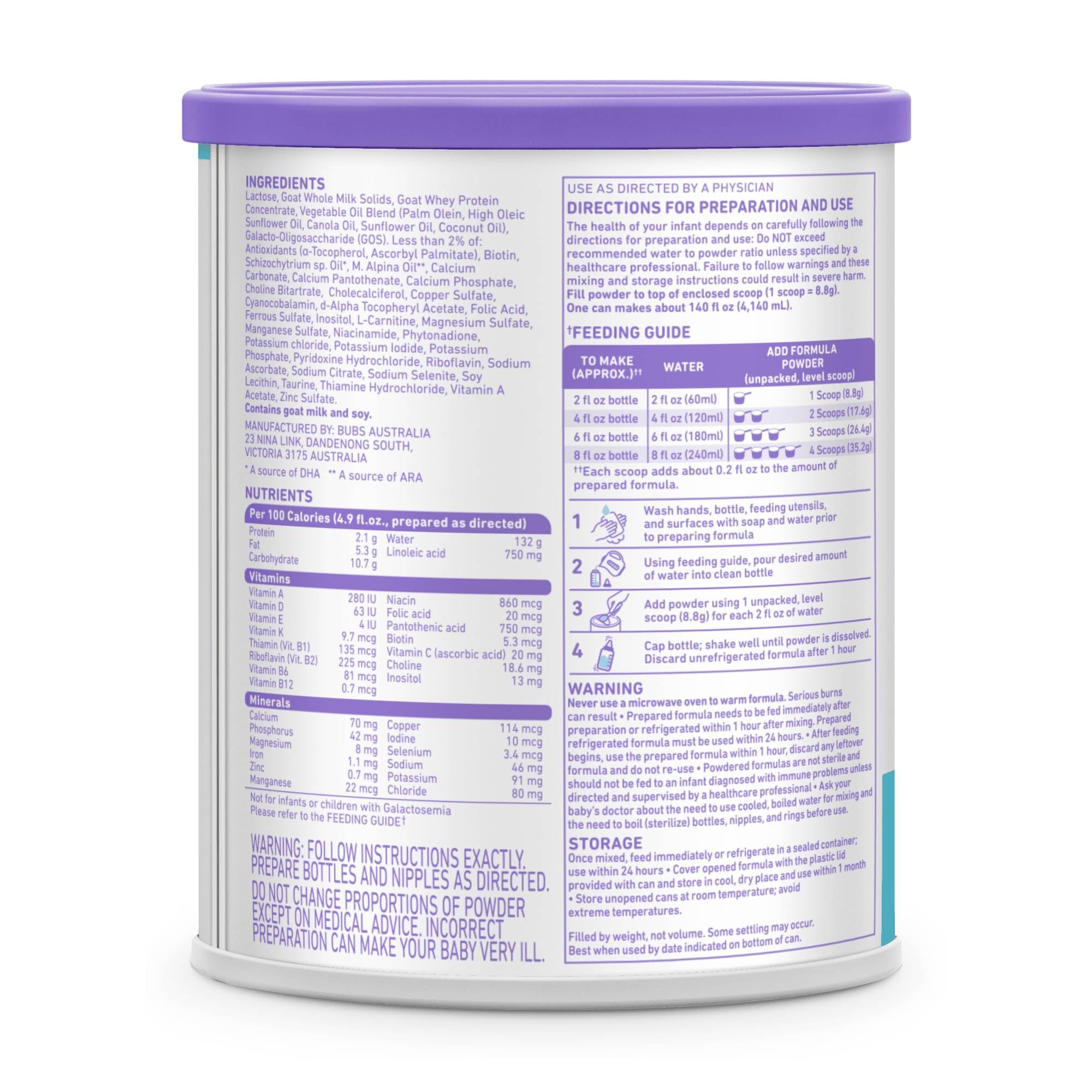 Bubs Whole Goat Milk Infant Formula for 0-12 Months, Non-GMO Milk, 20 oz