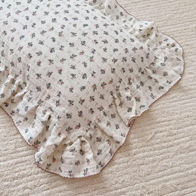 BuLuTu Chic Bellflower Pink Toddler Pillowcase with Ruffles Pillow Cover for Boys Girls 1 2 3 4 5 6 Years Old, Soft Breathable Muslin Cotton Pillow Case for Crib Cot Cradle, 14"x20", 1 pc