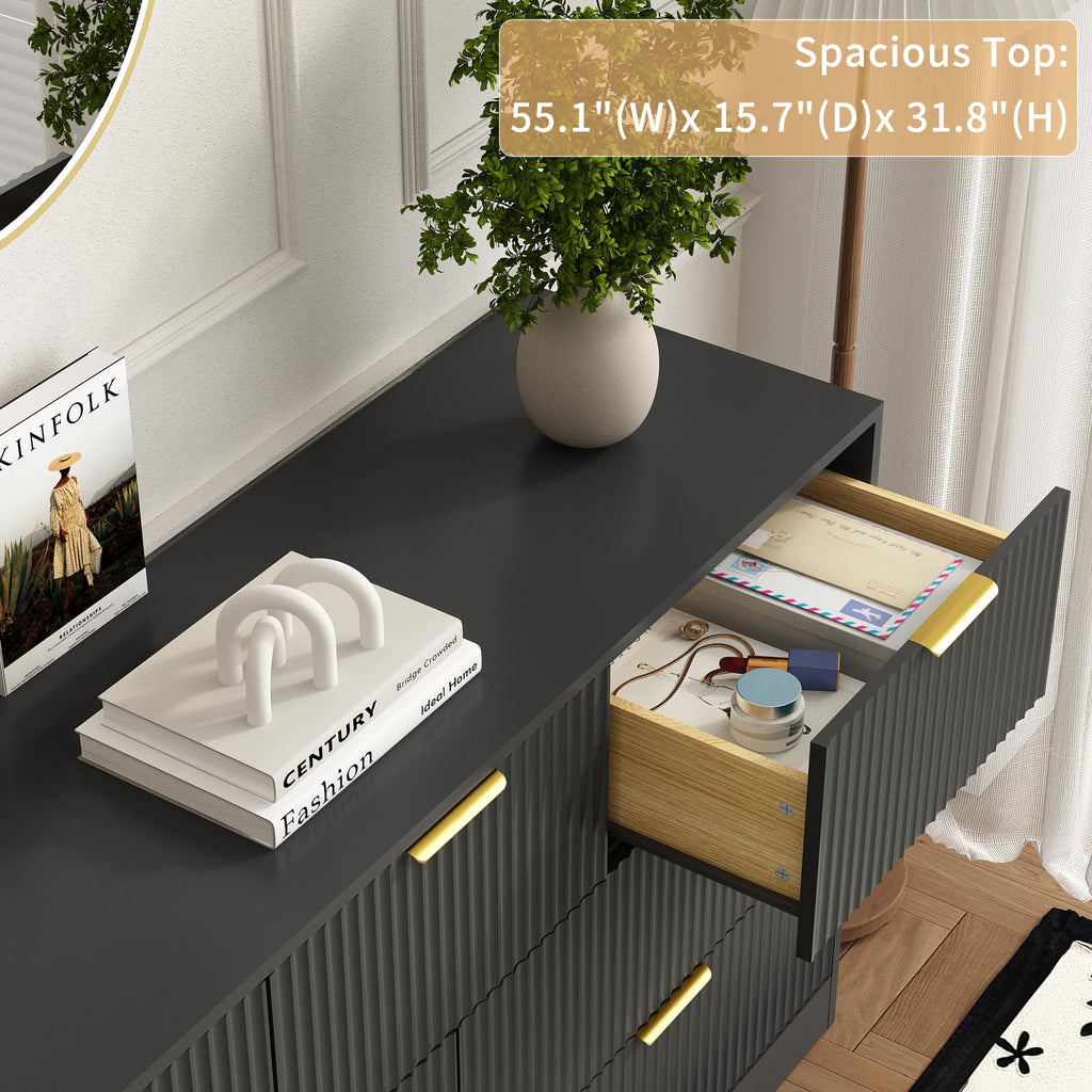 Sscaktu 7 Drawer Fluted Dresser with Deep Drawers for Bedroom, Black丨55 Wide Mid Century Dresser, Modern Chest of Drawers, Wood TV Stand Storage Organizer for Closet, Living Room, Hallway