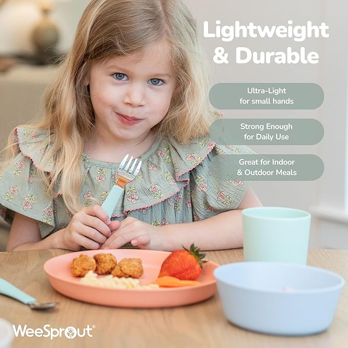 WeeSprout Bamboo Plates, Set of 4, Kid-Sized Dinnerware, Dishwasher Safe Melamine Dishware (Pastel Coral, Blue, Mint & Off White, Without Lids)