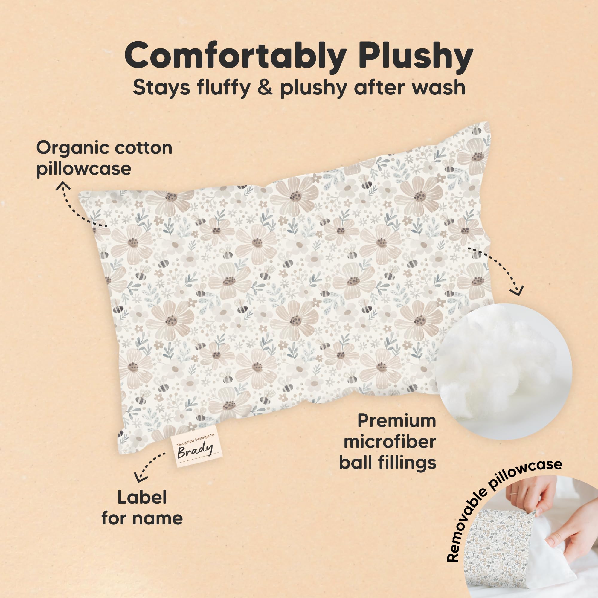 Mini Toddler Pillow with Pillowcase, 9x13 My Dreamy Pillow (Flora Vale)