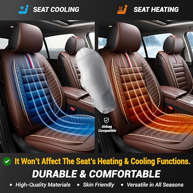 OASIS AUTO Car Seat Covers Premium Waterproof Faux Leather Cushion Universal Accessories Fit SUV Truck Sedan Automotive Vehicle Auto Interior Protector Front Pair (OS-001 Brown)