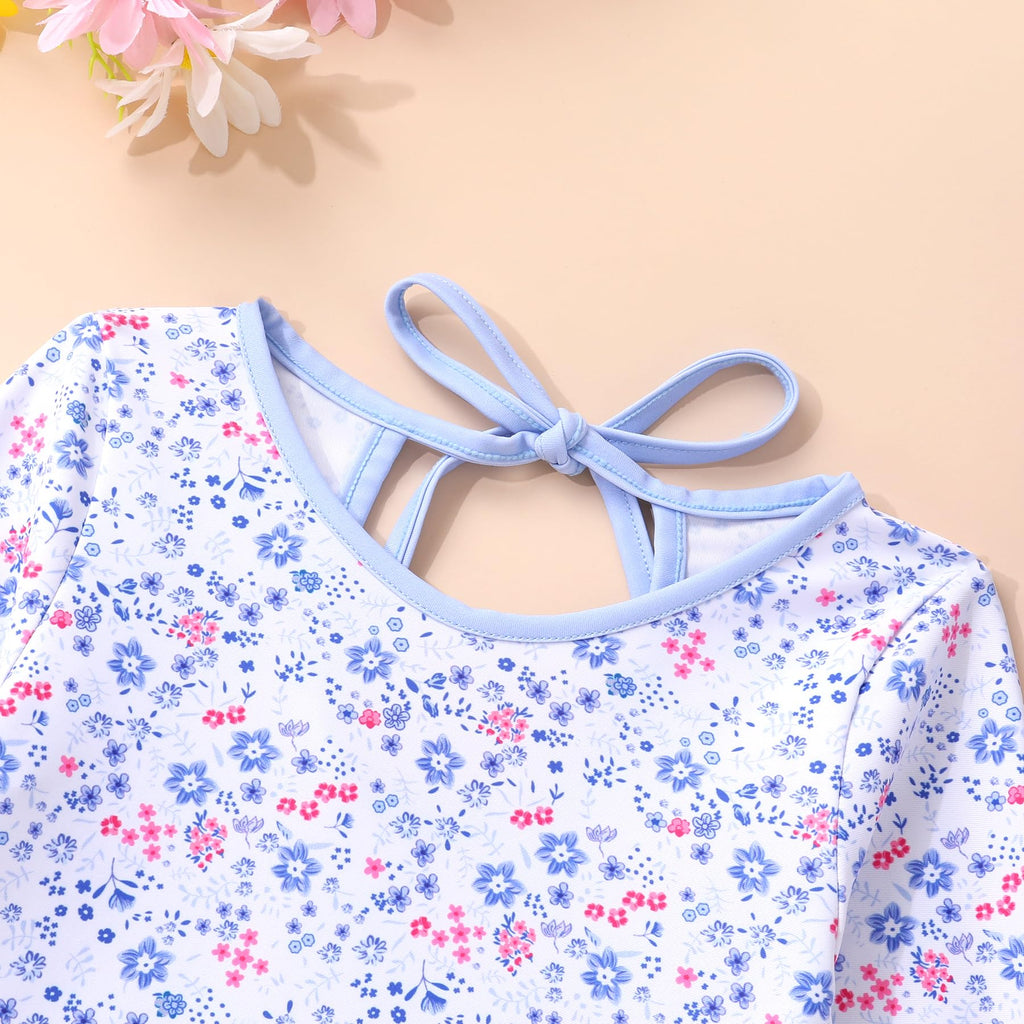 Infant Baby Girls Long Sleeve One Piece Swimsuit with Hat Floral Zipper Bathing Suit Leopard Beach Wear (Blue Border Floral Fragments，18-24Months)