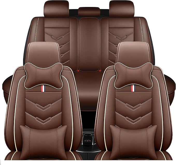Leather Car Seat Covers Fit for LR Range Rover Evoque 2019-2025, 5 Seater Waterproof and Wear-Resistant Seat Cover Interior Accessories(Full Set with Pillow,Coffee)