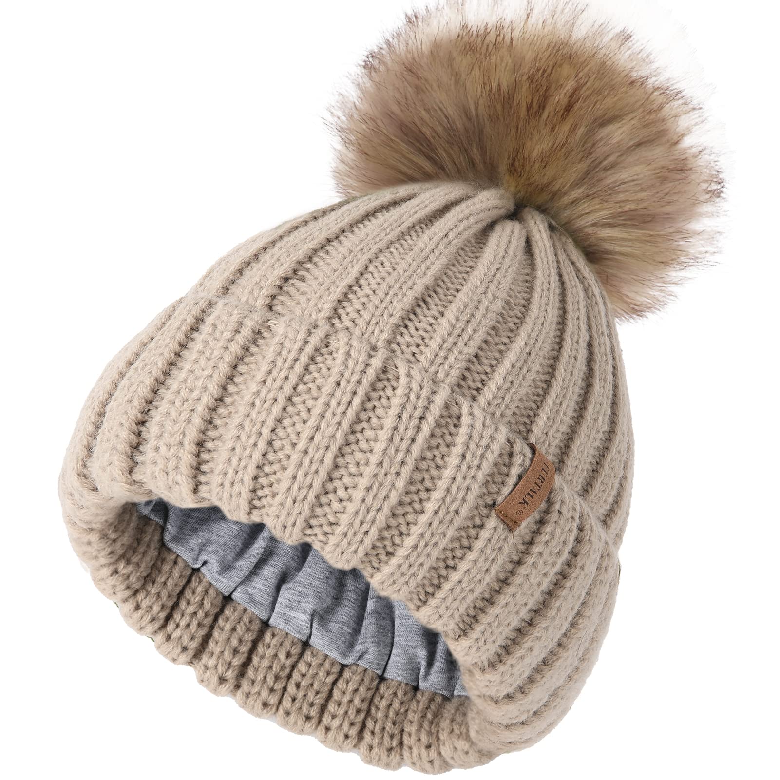 FURTALK Kids Winter Hat Toddler Knitted Beanie Faux Fur Pom Light Khaki
